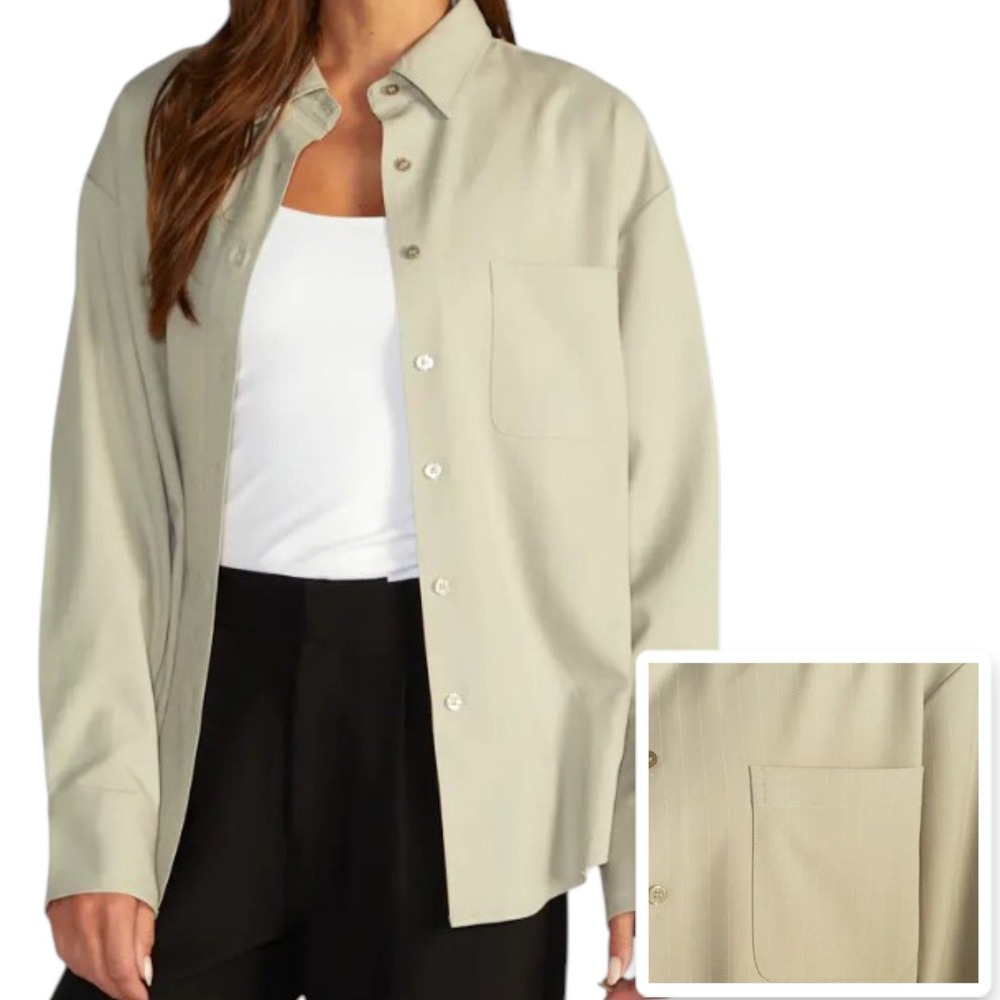BYLT Millie Relaxed Button Down Shirt Womens Medium Dry Sage Pinstripe Stretch‎